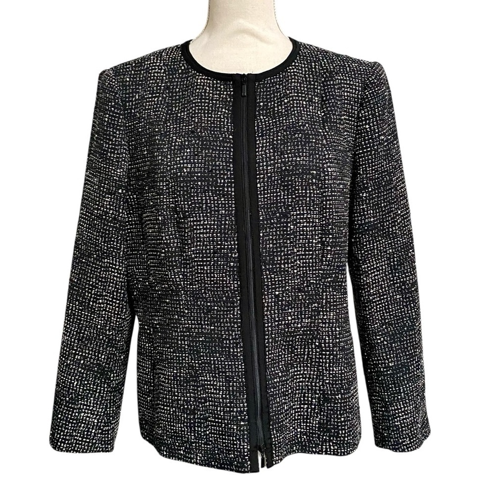 Lafayette 148 New York Size 14 Black White Tweed Zip Front Jacket Blazer
